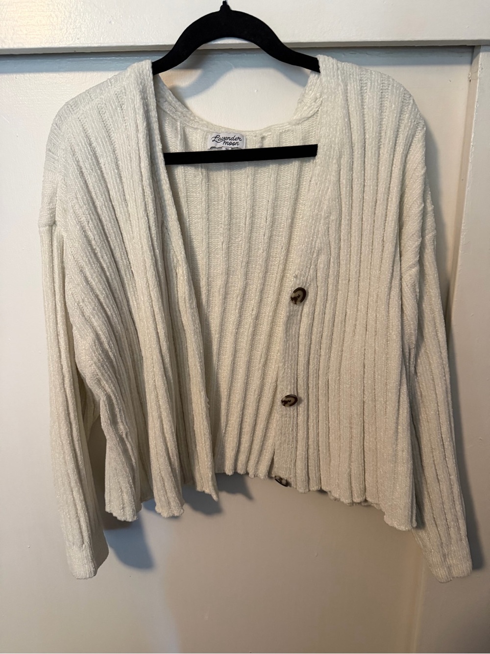 Lavender Moon Cream Ribbed Button-Front Cropped Sweater